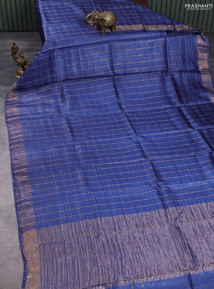 Pure tussar silk saree dark blue and purple with allover zari checked pattern and zari woven border