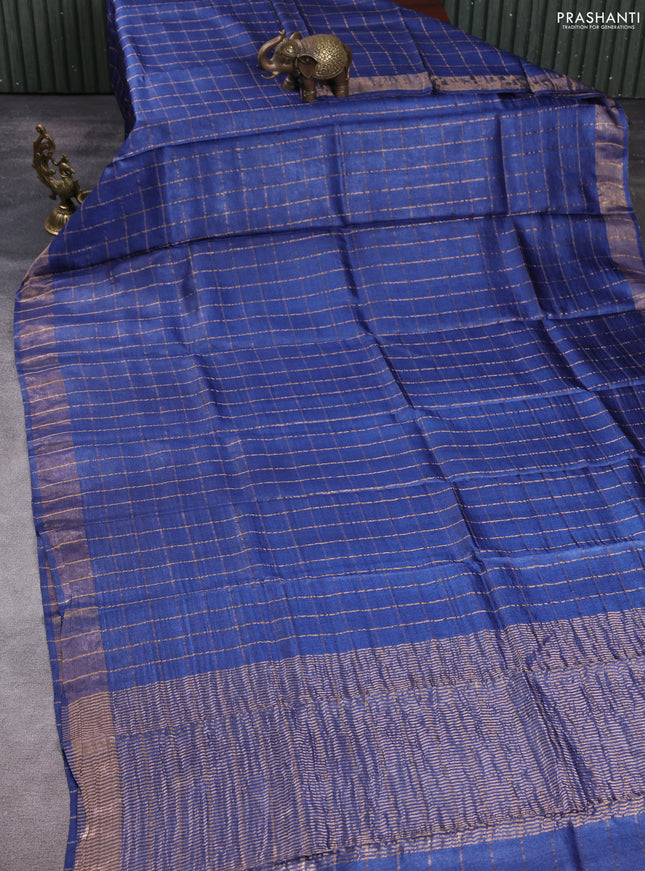 Pure tussar silk saree dark blue and purple with allover zari checked pattern and zari woven border