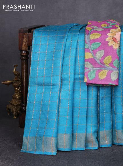 Pure tussar silk saree cs blue and purple with allover zari checked pattern and zari woven border