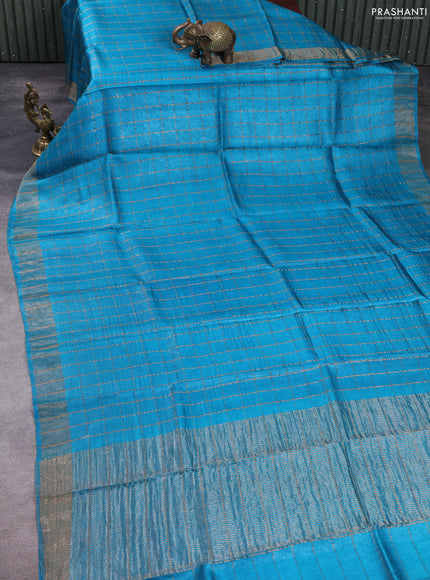 Pure tussar silk saree cs blue and purple with allover zari checked pattern and zari woven border
