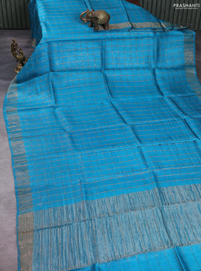 Pure tussar silk saree cs blue and purple with allover zari checked pattern and zari woven border