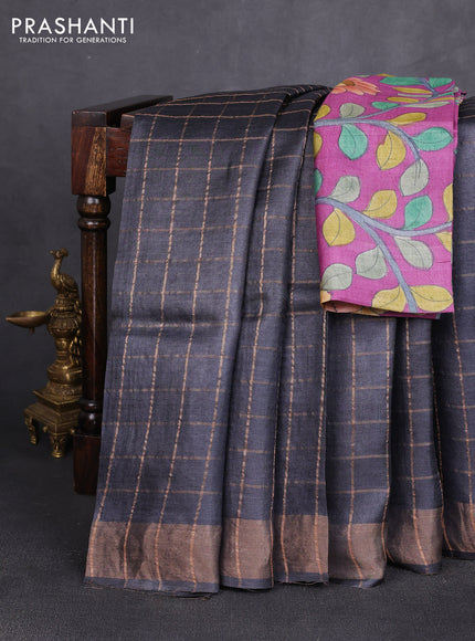 Pure tussar silk saree grey and purple with allover zari checked pattern and zari woven border