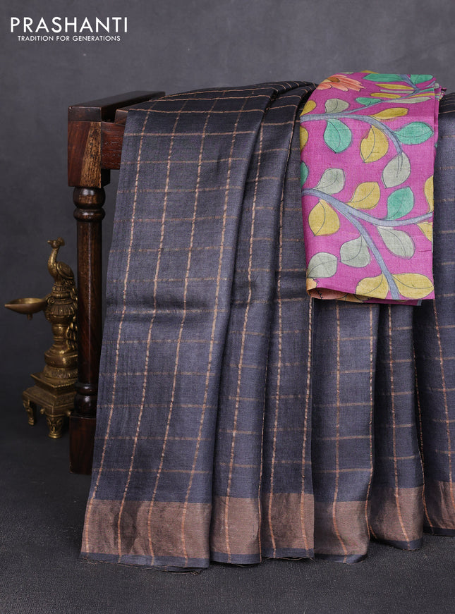Pure tussar silk saree grey and purple with allover zari checked pattern and zari woven border