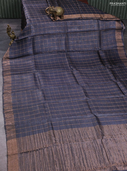 Pure tussar silk saree grey and purple with allover zari checked pattern and zari woven border