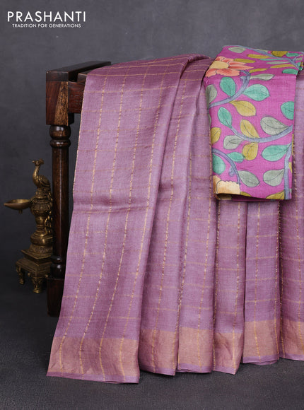 Pure tussar silk saree pastel purple and purple with allover zari checked pattern and zari woven border