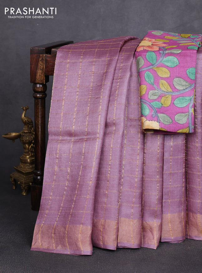 Pure tussar silk saree pastel purple and purple with allover zari checked pattern and zari woven border