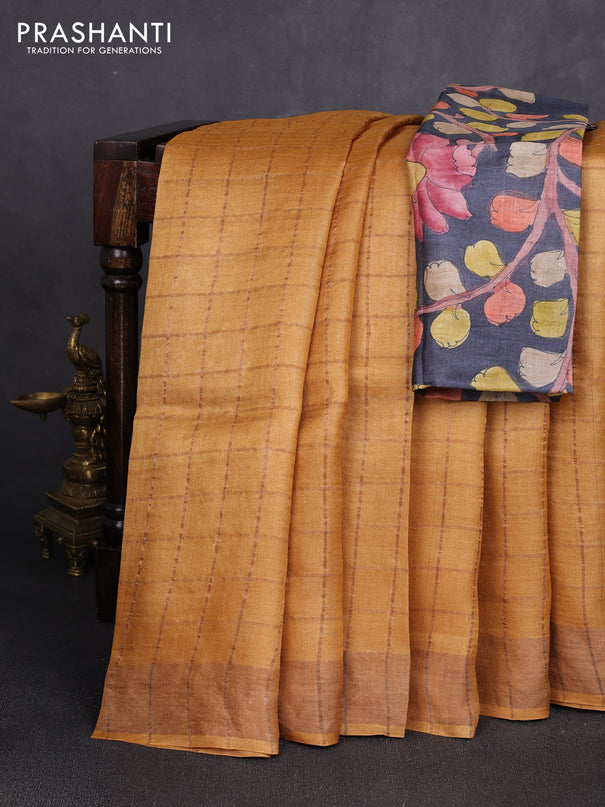 Pure tussar silk saree mustard yellow and elephant grey with allover zari checked pattern and zari woven border