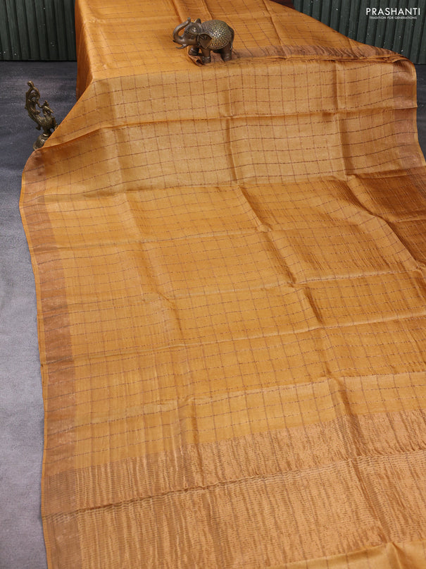 Pure tussar silk saree mustard yellow and elephant grey with allover zari checked pattern and zari woven border