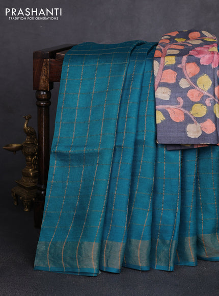 Pure tussar silk saree teal blue and elephant grey with allover zari checked pattern and zari woven border