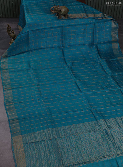 Pure tussar silk saree teal blue and elephant grey with allover zari checked pattern and zari woven border
