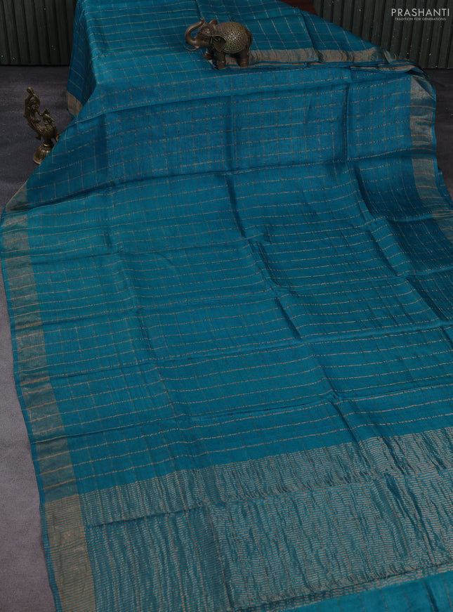 Pure tussar silk saree teal blue and elephant grey with allover zari checked pattern and zari woven border