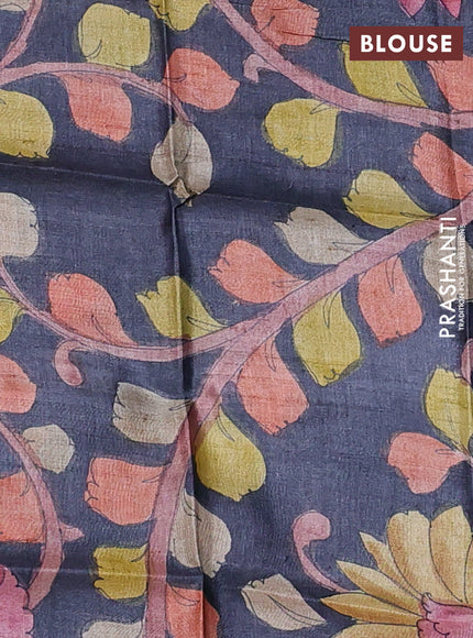 Pure tussar silk saree teal blue and elephant grey with allover zari checked pattern and zari woven border
