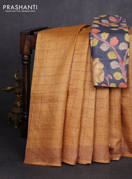 Pure tussar silk saree mustard yellow and elephant grey with allover zari checked pattern and zari woven border