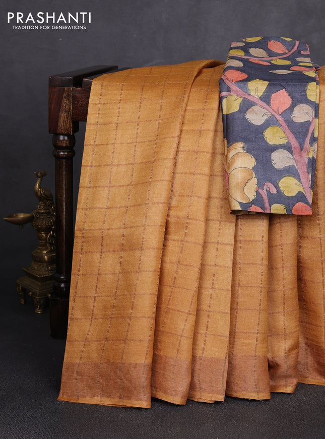 Pure tussar silk saree mustard yellow and elephant grey with allover zari checked pattern and zari woven border