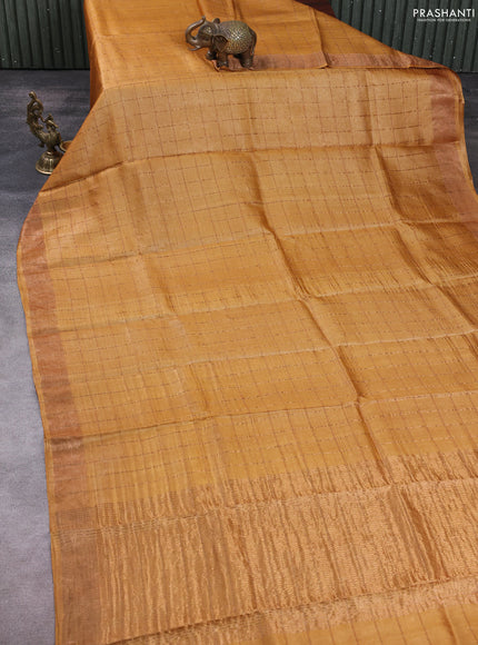 Pure tussar silk saree mustard yellow and elephant grey with allover zari checked pattern and zari woven border