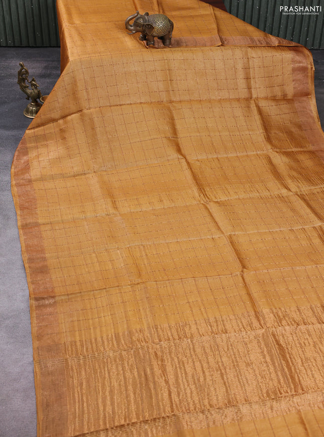 Pure tussar silk saree mustard yellow and elephant grey with allover zari checked pattern and zari woven border
