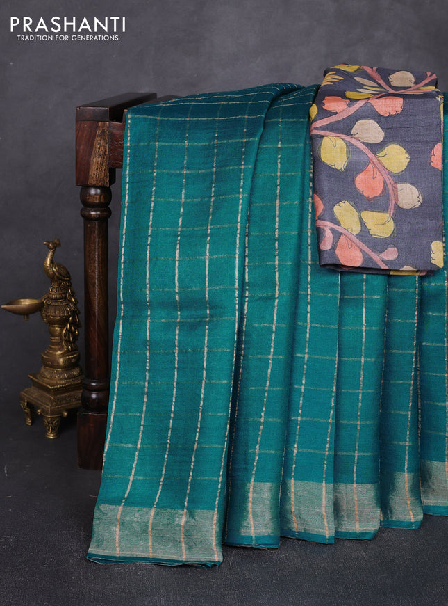 Pure tussar silk saree teal blue and elephant grey with allover zari checked pattern and zari woven border