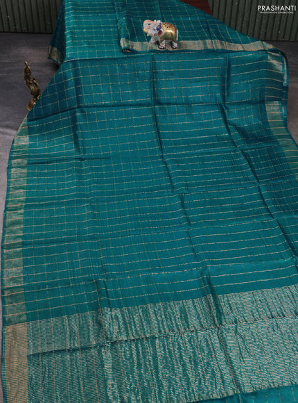 Pure tussar silk saree teal blue and elephant grey with allover zari checked pattern and zari woven border