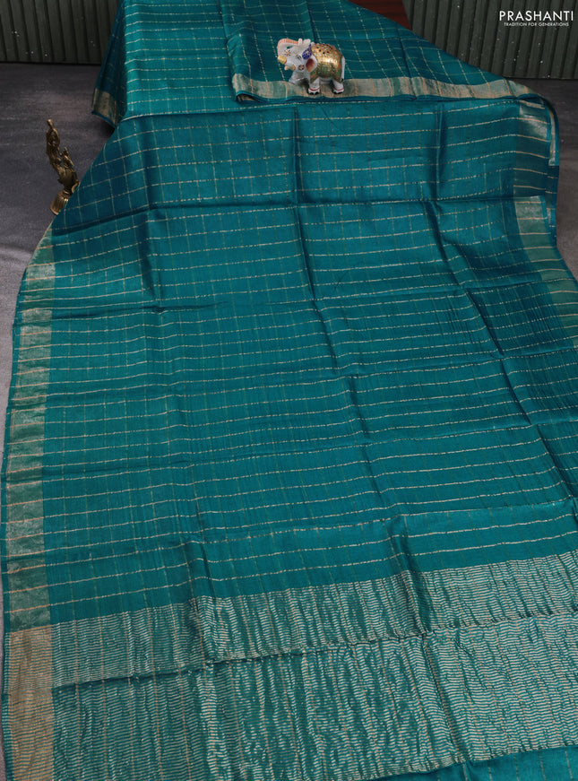 Pure tussar silk saree teal blue and elephant grey with allover zari checked pattern and zari woven border