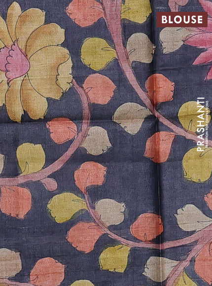 Pure tussar silk saree teal blue and elephant grey with allover zari checked pattern and zari woven border