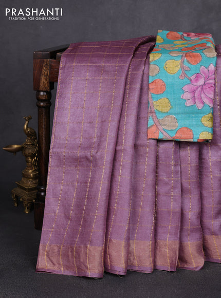 Pure tussar silk saree rosy brown and teal green with allover zari checked pattern and zari woven border