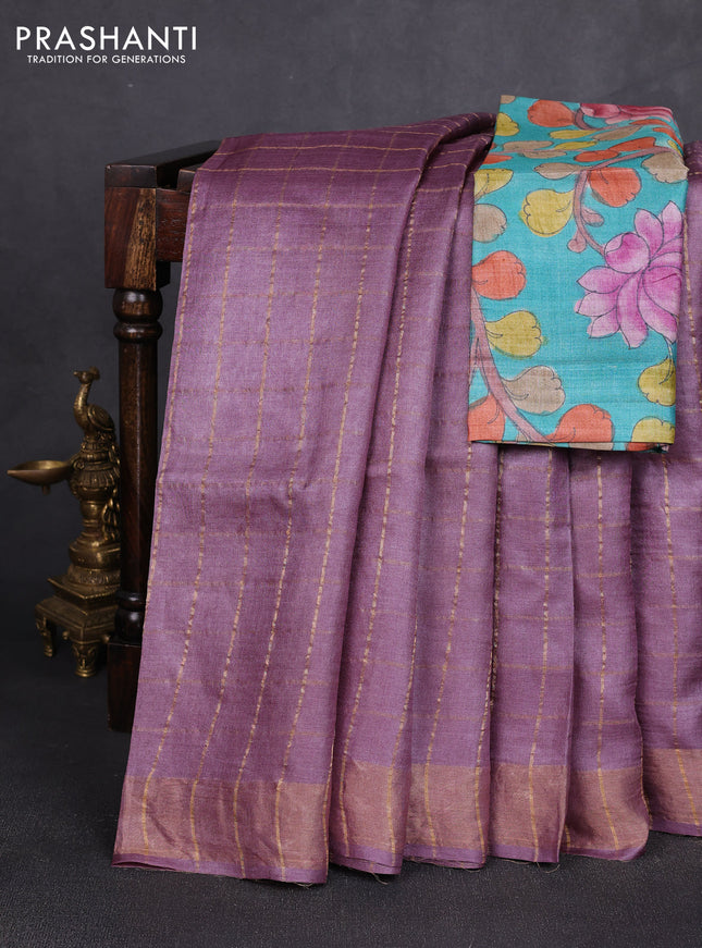 Pure tussar silk saree rosy brown and teal green with allover zari checked pattern and zari woven border