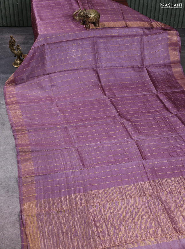 Pure tussar silk saree rosy brown and teal green with allover zari checked pattern and zari woven border