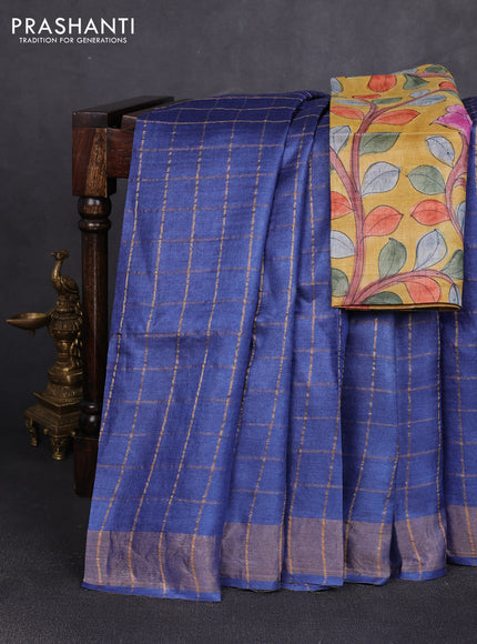 Pure tussar silk saree blue and yellow with allover zari checked pattern and zari woven border