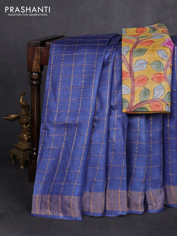 Pure tussar silk saree blue and yellow with allover zari checked pattern and zari woven border