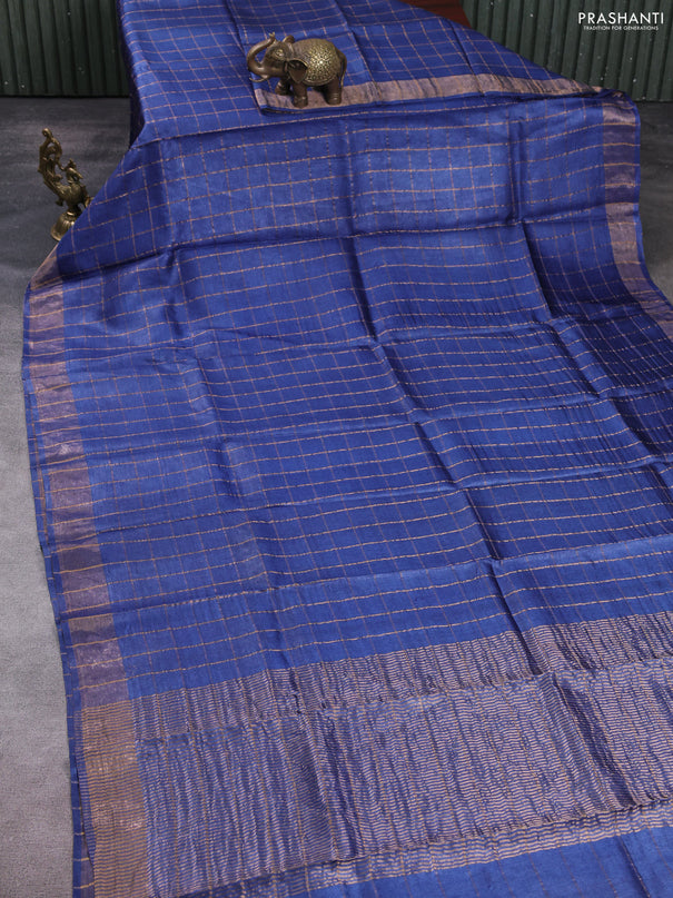 Pure tussar silk saree blue and yellow with allover zari checked pattern and zari woven border