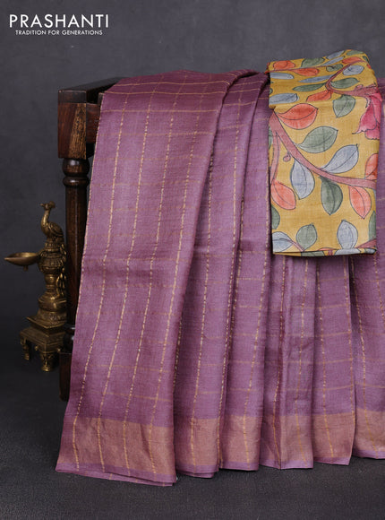 Pure tussar silk saree rosy brown and yellow with allover zari checked pattern and zari woven border