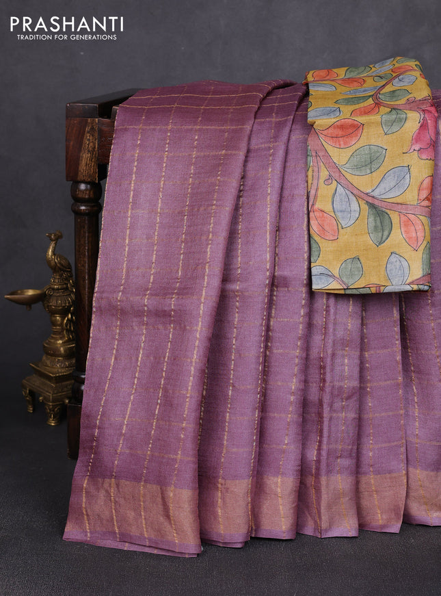 Pure tussar silk saree rosy brown and yellow with allover zari checked pattern and zari woven border