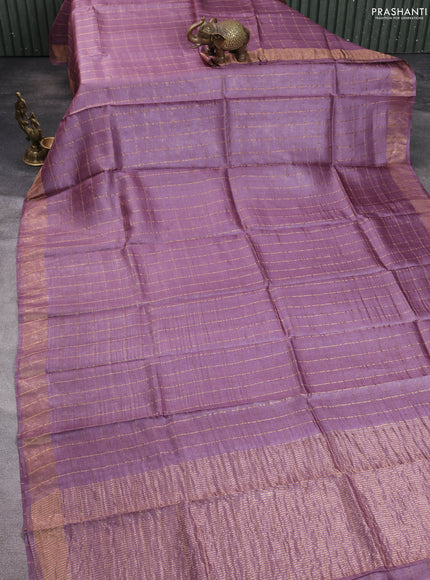 Pure tussar silk saree rosy brown and yellow with allover zari checked pattern and zari woven border