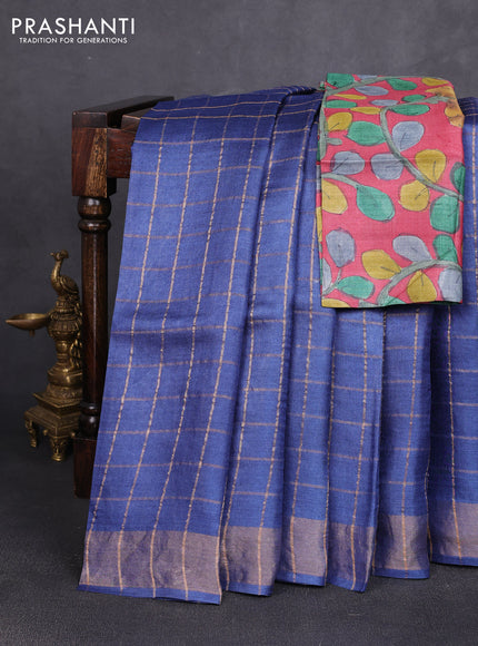 Pure tussar silk saree dark blue and maroon with allover zari checked pattern and zari woven border