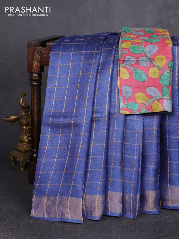 Pure tussar silk saree dark blue and maroon with allover zari checked pattern and zari woven border