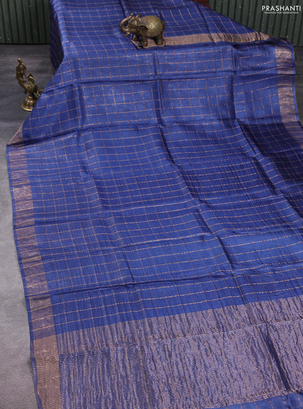 Pure tussar silk saree dark blue and maroon with allover zari checked pattern and zari woven border