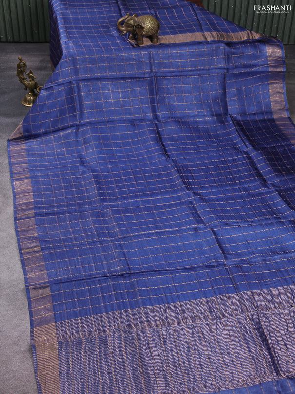 Pure tussar silk saree dark blue and maroon with allover zari checked pattern and zari woven border