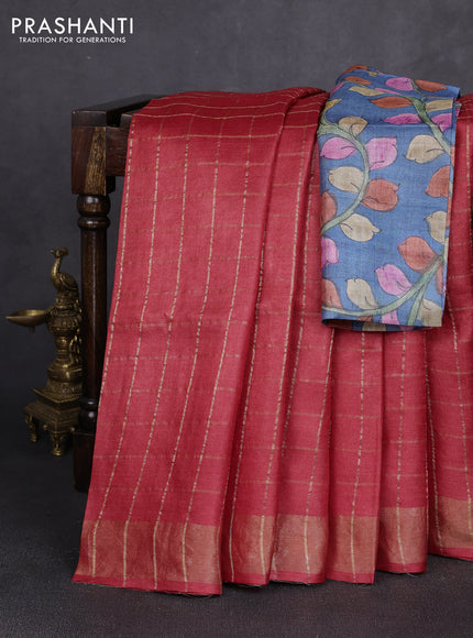 Pure tussar silk saree red and blue with allover zari checked pattern and zari woven border