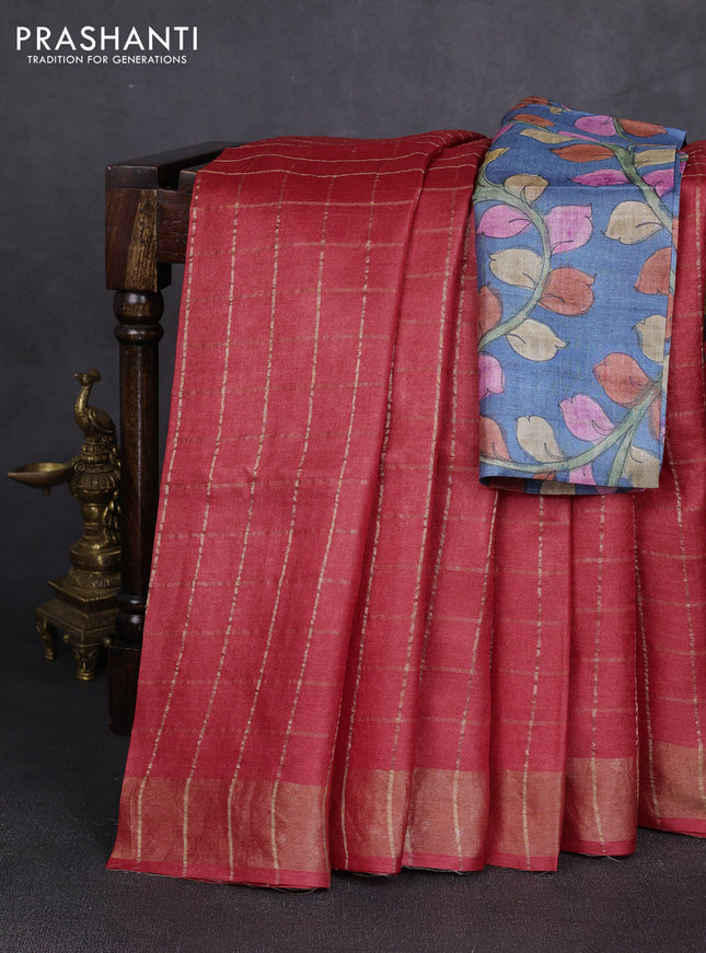 Pure tussar silk saree red and blue with allover zari checked pattern and zari woven border