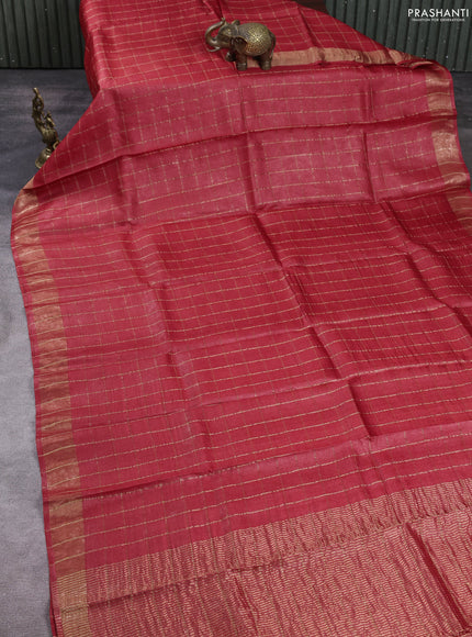 Pure tussar silk saree red and blue with allover zari checked pattern and zari woven border