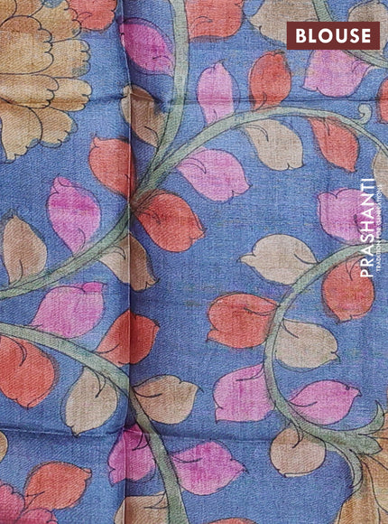 Pure tussar silk saree red and blue with allover zari checked pattern and zari woven border
