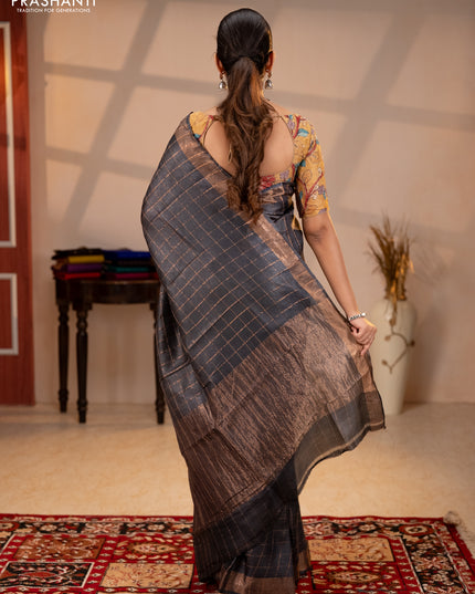 Pure tussar silk saree black and mustard yellow with allover zari checked pattern and zari woven border