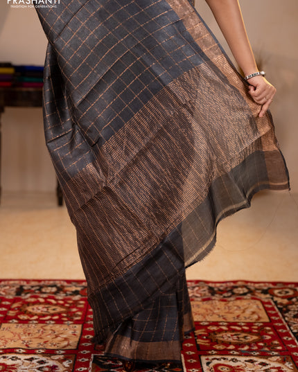 Pure tussar silk saree black and mustard yellow with allover zari checked pattern and zari woven border