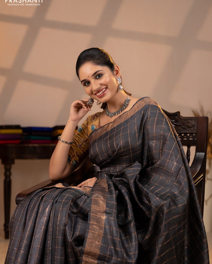 Pure tussar silk saree black and mustard yellow with allover zari checked pattern and zari woven border