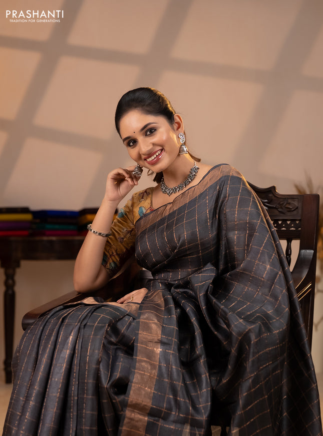 Pure tussar silk saree black and mustard yellow with allover zari checked pattern and zari woven border