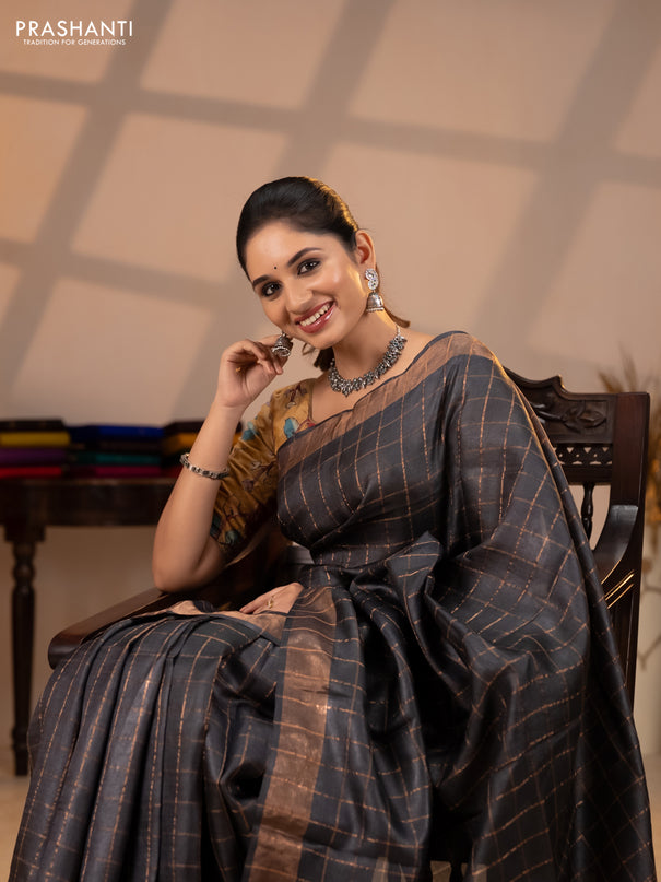 Pure tussar silk saree black and mustard yellow with allover zari checked pattern and zari woven border