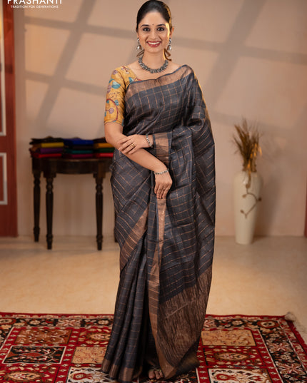 Pure tussar silk saree black and mustard yellow with allover zari checked pattern and zari woven border