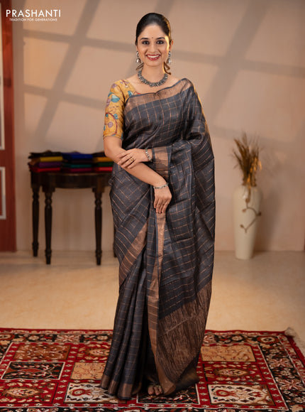 Pure tussar silk saree black and mustard yellow with allover zari checked pattern and zari woven border