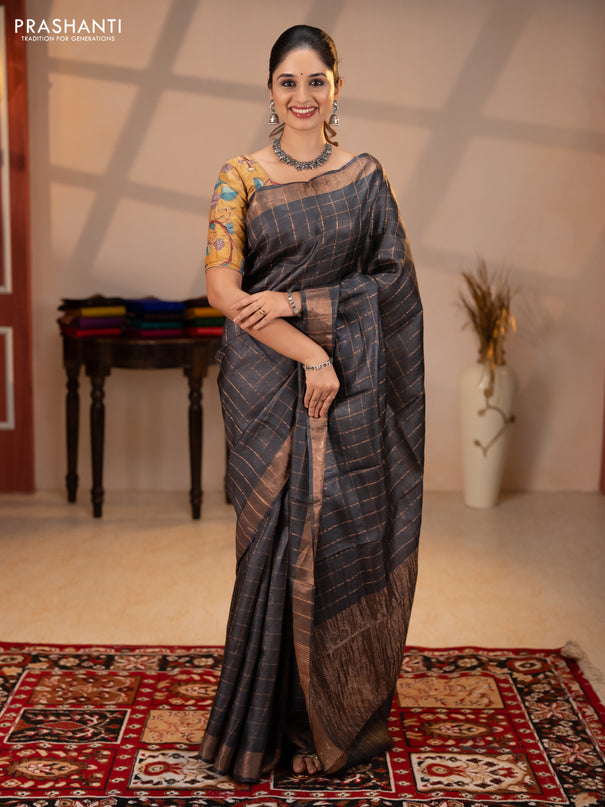 Pure tussar silk saree black and mustard yellow with allover zari checked pattern and zari woven border