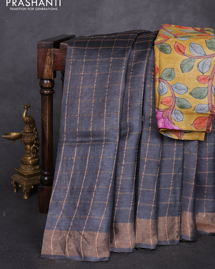 Pure tussar silk saree black and mustard yellow with allover zari checked pattern and zari woven border